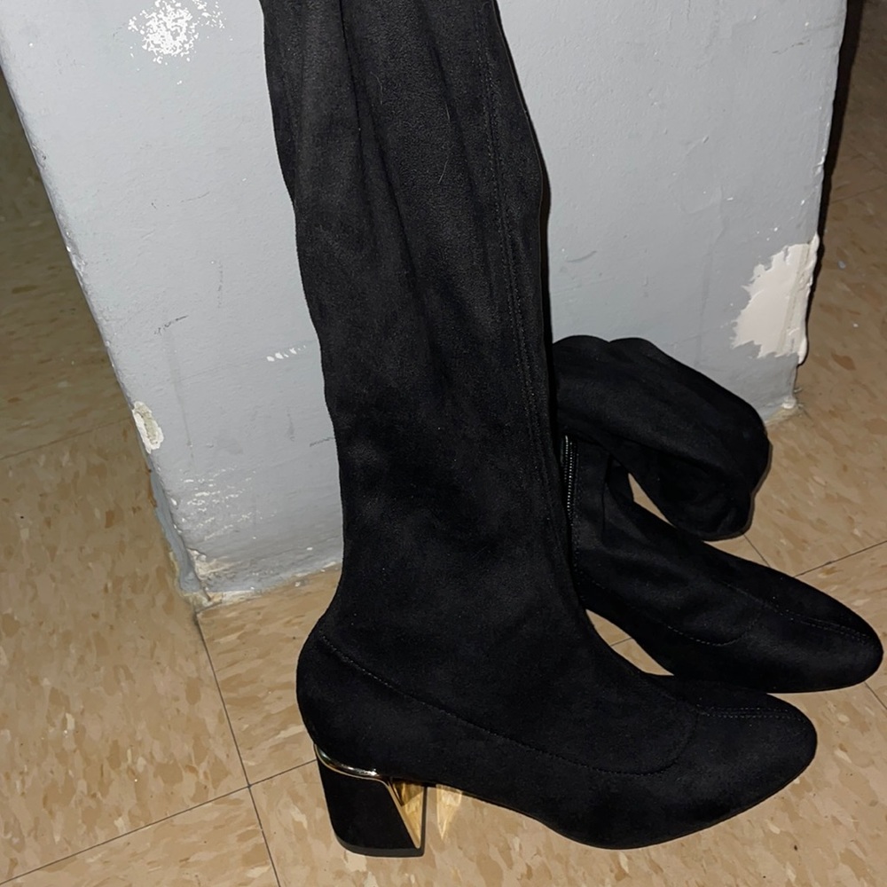 Zara Black Over the Knee Boots with Metallic Gold Heel